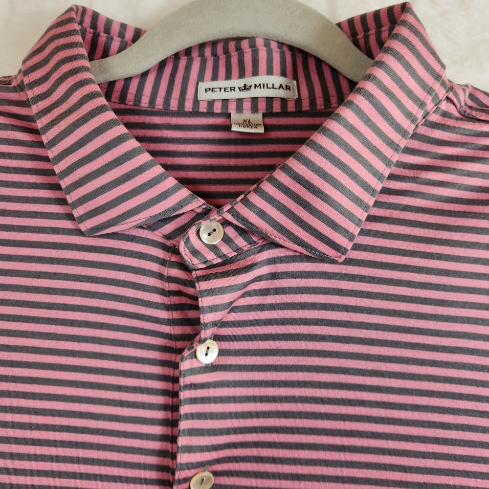 Peter Millar Mens XL Pink Grey Striped Cotton Polo Shirt‎ Short Sleeve Golf Top